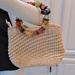 Capelli of New York Woven Tan Bag with Colorful Beaded Handle